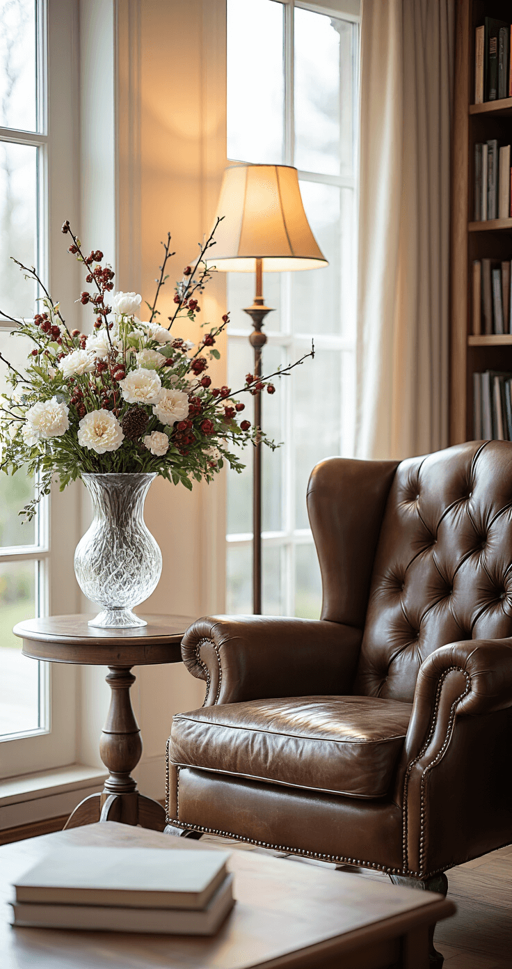 Intieme leeshoek met grote leren fauteuil en bijzettafel met kristallen vaas, vol anjers, winterbessen en sparrentakken. Achtergrond met boekenkast, verlicht door warme tafellamp in schemerlicht.