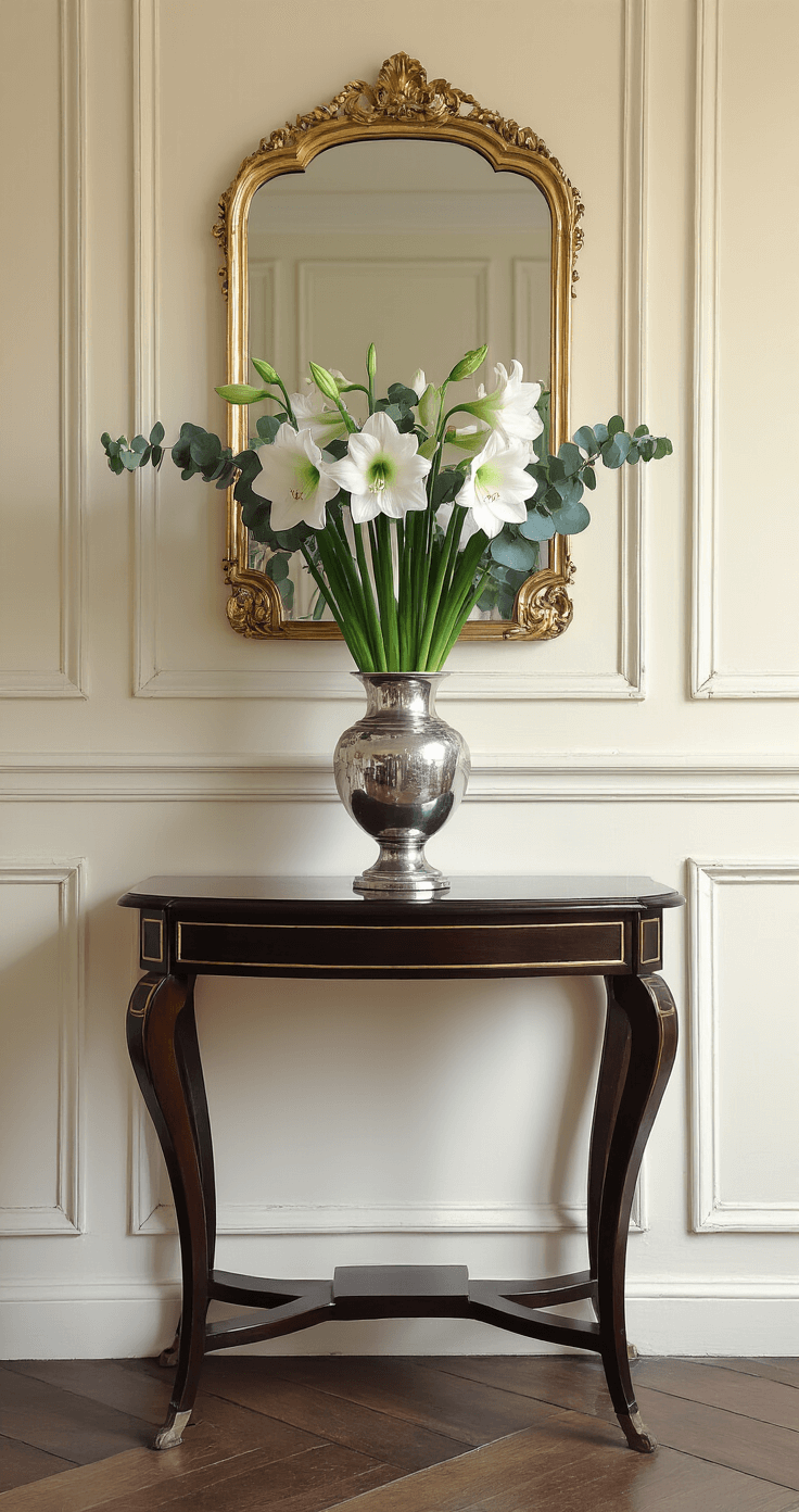 Een antieke consoletafel tegen créme lambrisering, met een slank arrangement van witte amaryllis en zilveren eucalyptus in een art-deco vaas. Een klassieke spiegel reflecteert het geheel, verlicht door indirect daglicht van boven. Symmetrische compositie van net onder ooghoogte, met een elegante en formele sfeer.