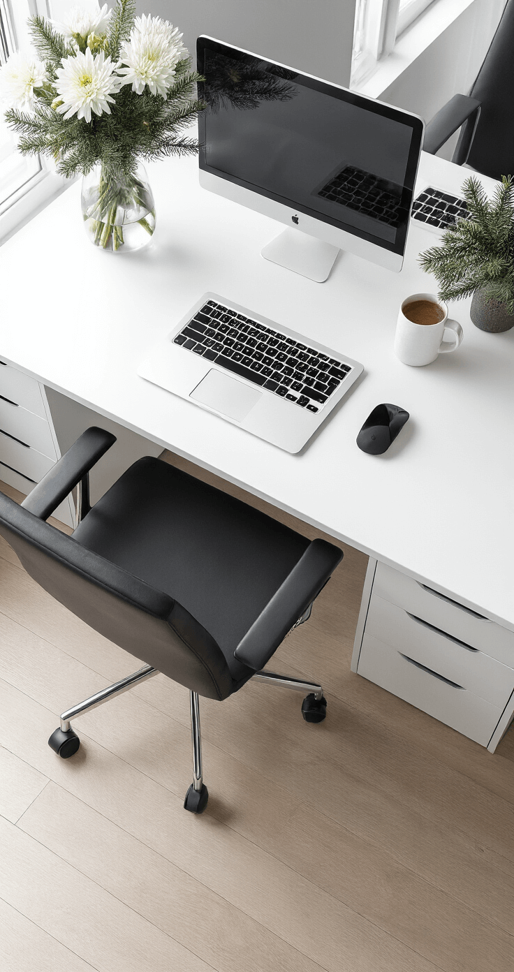 Moderne werkkamer met wit bureau en geometrische vaas met witte chrysanten en dennengroen, zwarte bureau-accessoires en natuurlijk licht.