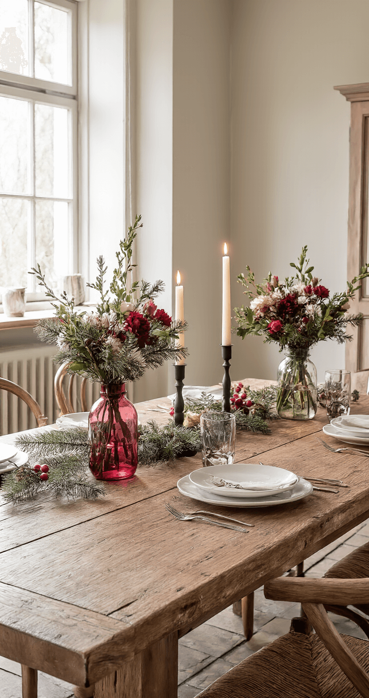Rustieke eetkamer met lange houten tafel, drie glazen vazen met bloemen in warme kleuren en kaarslicht, symmetrische compositie.
