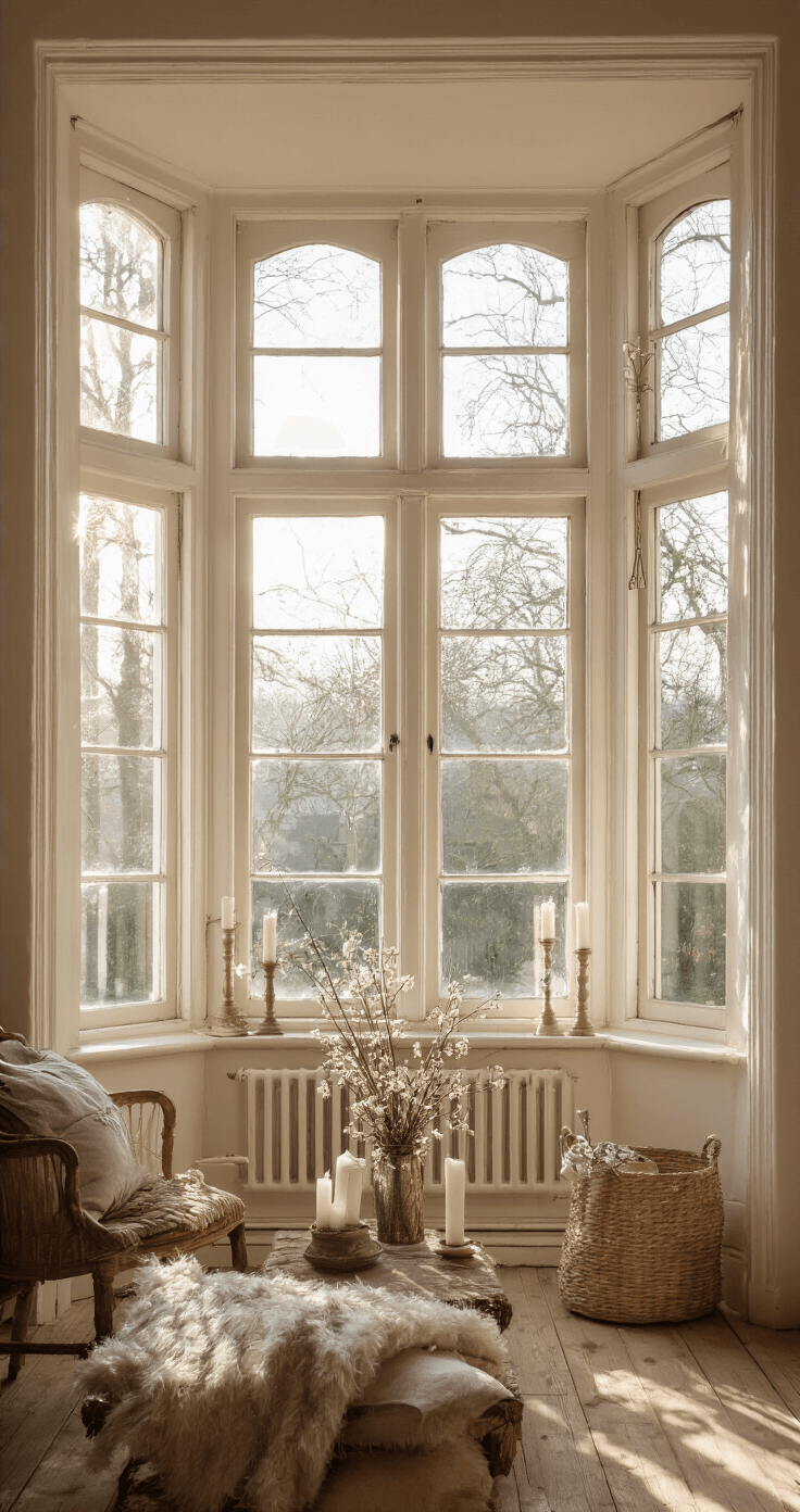 Een groot victoriaans venster in een woonkamer met papieren sneeuwvlokken, verlicht door koel ochtendlicht.