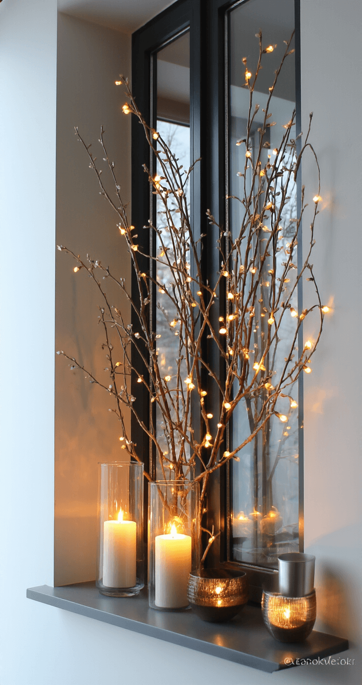 Modern appartement met smal raam en berkentakken versierd met LED-lampjes die een etherische gloed uitstralen. Kristallen hangers reflecteren warm licht, terwijl geborsteld zilveren accessoires de natuurlijke elementen aanvullen. Dramatisch effect door tegenlicht in een intieme, warme sfeer.