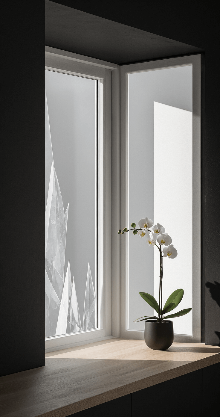 Minimalistisch drieluik raam in Scandinavische eetkamer met abstracte ijskristallenpatronen, wit gelakt houten kozijn en matte zwarte muur. Een witte orchidee weerspiegelt in het raam, gefotografeerd in moderne daglicht met zachte schaduwen.