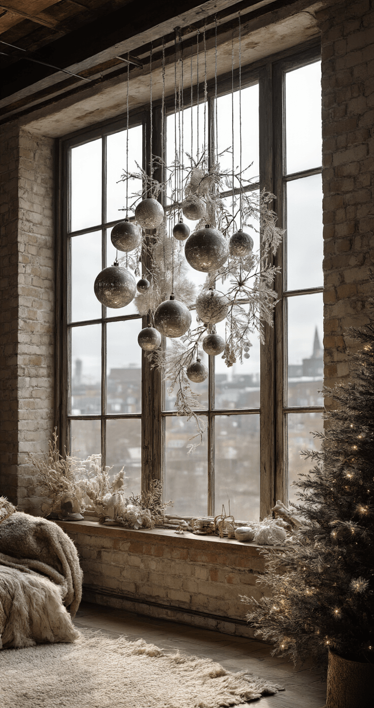 Panoramisch raam in een loft met een zwevend wintermobiel van vintage zilveren kerstballen en gedroogde eucalyptustakken, badend in namiddaglicht en omgeven door industriële stalen balken.