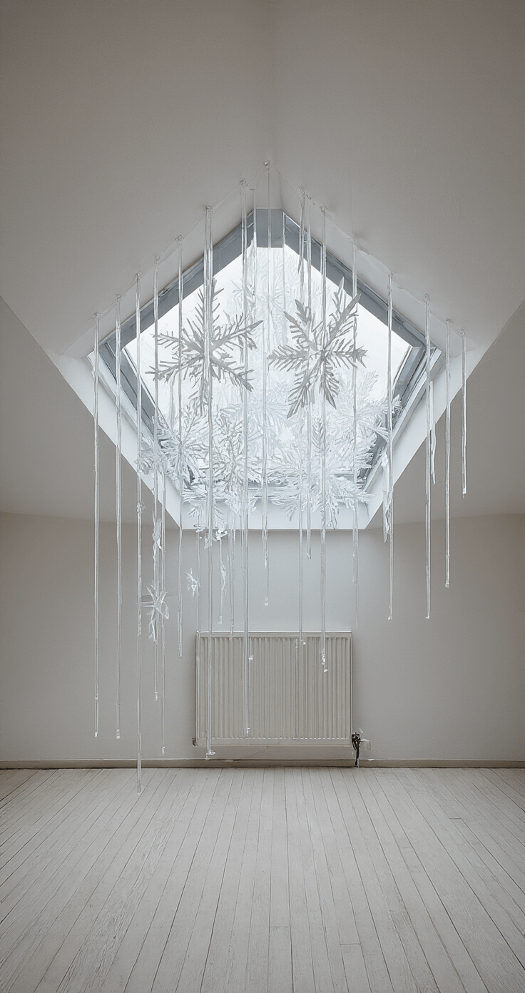 Moderne dakraam in een zolderstudio met geometrische papierknipsels van sneeuwkristallen en acryl ijspegels. Een verborgen LED-strip zorgt voor een subtiele gloed, terwijl grijze wolken diffuus licht creëren. Het beeld is vanuit een laag perspectief genomen, met de camera op de vloer gericht omhoog, wat een hedendaagse urban winter vibe geeft.