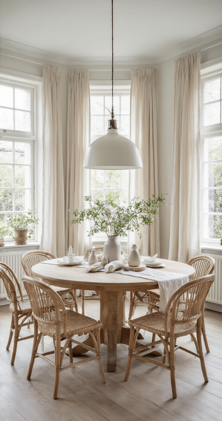 Kerstmis Knutselen met Peuters: Magische Momentjes van Creativiteit Scandinavische eetkamer in een Nederlands herenhuis, met ochtendlicht dat door sheer gordijnen valt. Ruime kamer met mat witte muren en lichtgrijs gelakte houten vloer. Centrale eiken eettafel voor zes personen, omringd door naturel rieten stoelen met crème kussens. Tafel gedekt met een zachtroze linnen tafelkleed en handgemaakte watten sneeuwpoppen als decoratie. Galerij van ingelijste kindertekeningen aan de muur en koperen hanglampen die warm licht verspreiden. Gietijzeren kaarsenstandaars met witte kaarsen zorgen voor een serene familiesfeer.