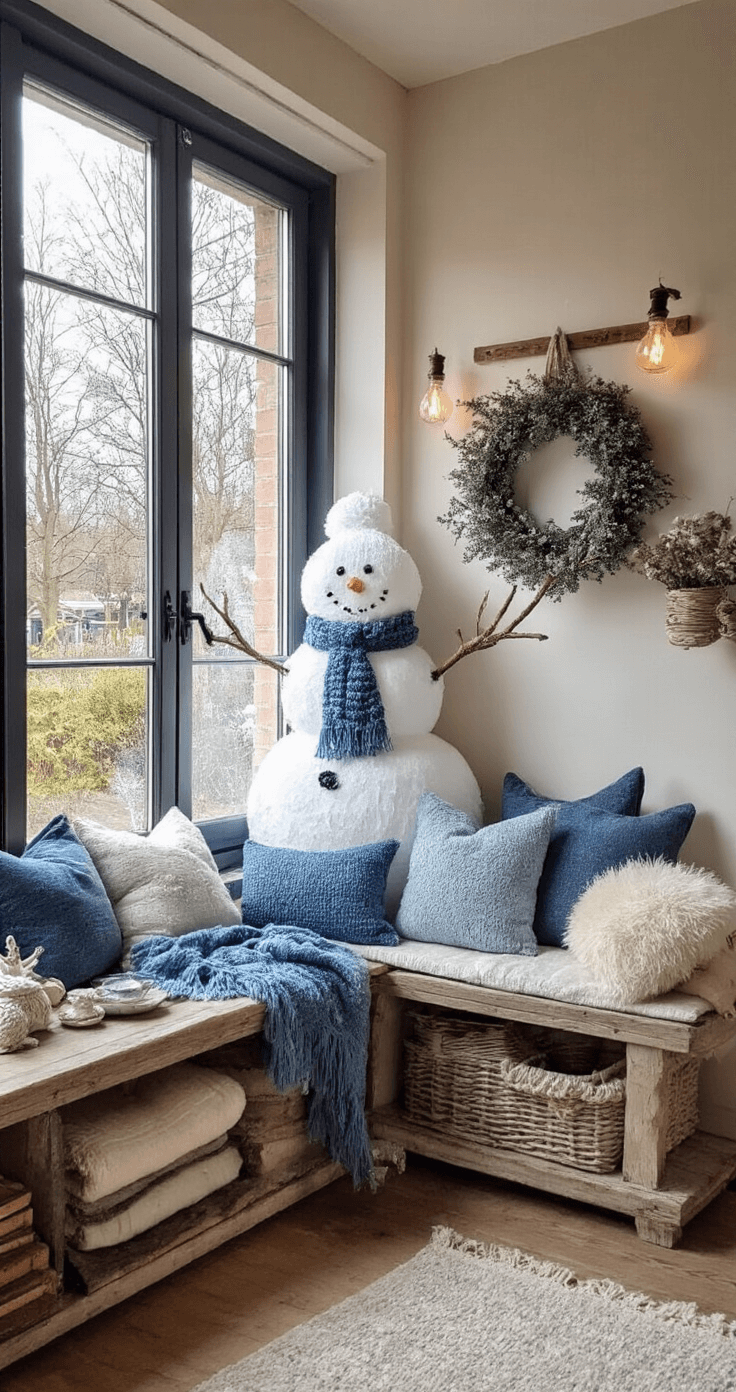 Sneeuwpoppen en Tuinfiguren: Jouw Ultieme DIY Decoratie Gids Gezellige winterhoek met handgemaakte sneeuwpop op een vintage houten vensterbank, omringd door ijsblauwe kussens en subtiele LED-verlichting.