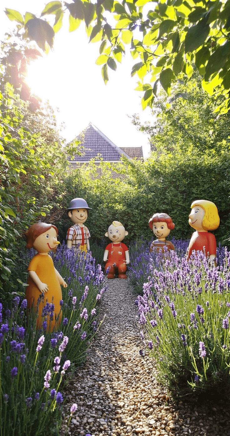 Sneeuwpoppen en Tuinfiguren: Jouw Ultieme DIY Decoratie Gids Een zonnige tuinscène met handgemaakte tuinfiguren van gerecyclede materialen, geplaatst tussen lavendelstruiken in een weelderige achtertuin tijdens het gouden uurtje.