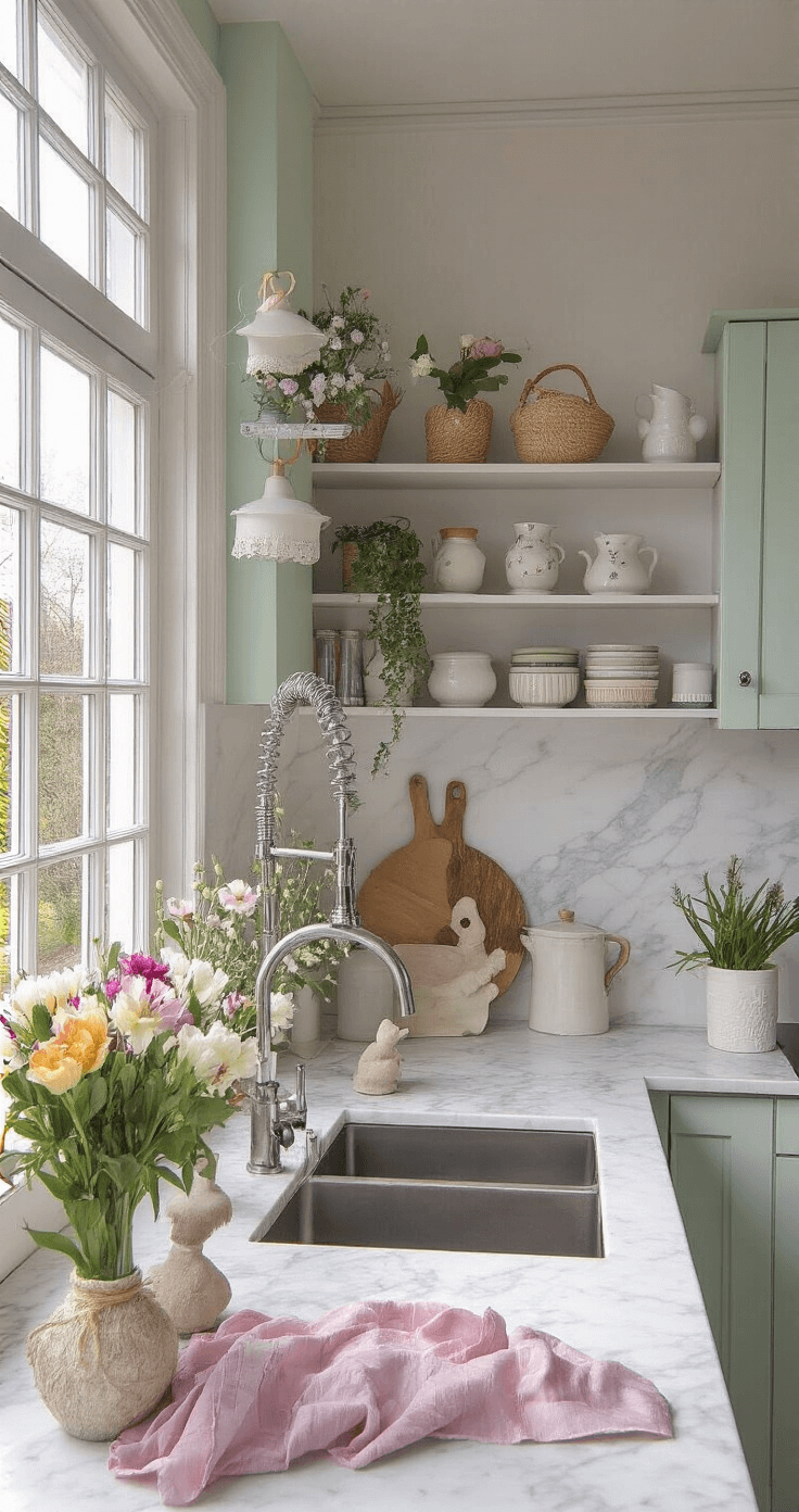 Sneeuwpoppen en Tuinfiguren: Jouw Ultieme DIY Decoratie Gids Moderne L-vormige woonkeuken met wit marmeren werkblad, seizoensdecoratie, handgemaakte lentepop-figuren op een floating shelf, en verse bloemen in een vaas, verlicht door ochtendlicht.