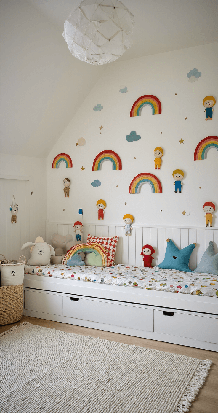Sneeuwpoppen en Tuinfiguren: Jouw Ultieme DIY Decoratie Gids Knusse kinderkamer met DIY wanddecoratie, vierkante kamer met schuine wand, middaglicht door witte gordijnen, muur met sokpoppen in regenboogkleuren, wit interieur met kleurrijke accenten, wide-angle fotografie.