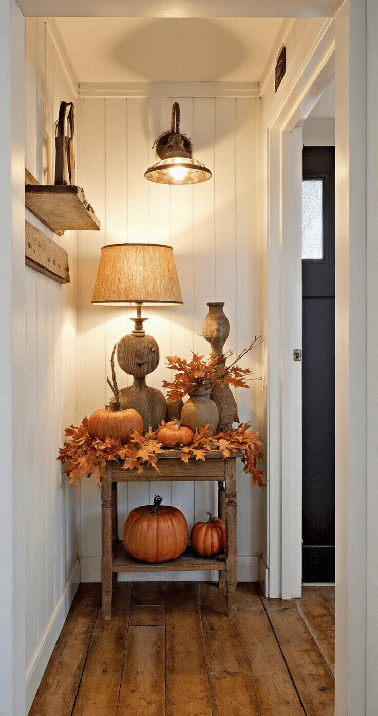 Sneeuwpoppen en Tuinfiguren: Jouw Ultieme DIY Decoratie Gids Rustieke hal met herfstdecoratie, smalle ruimte van 2x5m met oude houten vloer, gedempte verlichting van vintage wandlamp en groep van 4 handgemaakte herfstfiguren op antieke houten consoletafel in warme herfsttinten zoals roest, bruin en donkerrood, gezien vanuit laag perspectief richting de voordeur.