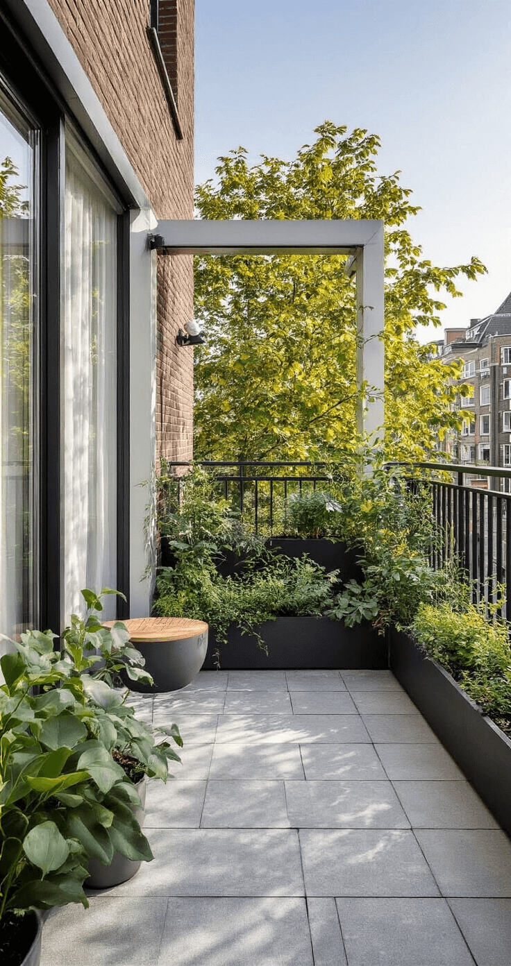 Sneeuwpoppen en Tuinfiguren: Jouw Ultieme DIY Decoratie Gids Minimalistisch balkon van 2x3m met een grote architectonische tuinfiguur van gerecycled materiaal, gefotografeerd tijdens de zonsopgang. Het industriële zwart-wit kleurschema wordt accentueert door één fel kleuraccent. Hoog standpunt biedt stedelijk perspectief.