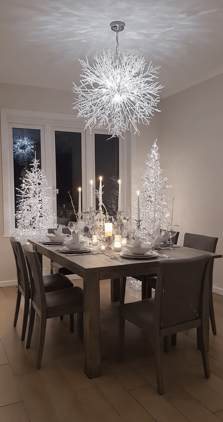 Sneeuwpoppen en Tuinfiguren: Jouw Ultieme DIY Decoratie Gids Feestelijke eetkamer met winterse decoraties, een grote eettafel en een ensemble van verlichte sneeuwpoppen als tafelstuk, verlicht met dimbare spotlights en accentueringen in kristal en zilver.