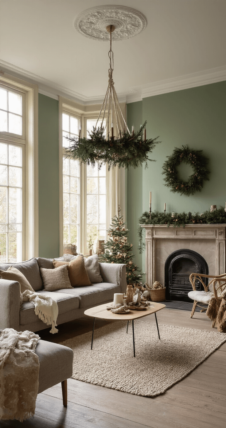 DIY Kerstdecoratie voor Binnen: Creativiteit en Gezelligheid in Eigen Huis Gezellige woonkamer met hoog plafond, grote ramen en warm middaglicht. In het midden een handgemaakte kerstkrans van dennentakken met dennenappels en een roomwit lint, tegen een sage-groene muur. Vintage cognackleurige leren bank met beige kussens, op een warme houten vloer met jute vloerkleed.