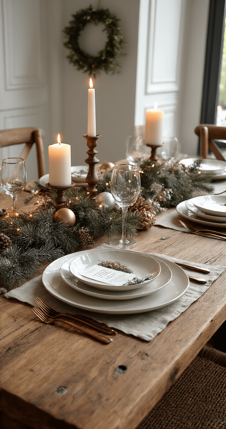 DIY Kerstdecoratie voor Binnen: Creativiteit en Gezelligheid in Eigen Huis Intieme eetkamer met sfeervolle gedekte eettafel, handgemaakt kerststuk op houten dienblad, witte kaarsen, dennentakken, zilveren kerstballen en dennenappels. Warm kaarslicht reflecteert in koperen elementen, met vintage diepgroene stoelen en warmgrijze linnen placemats.