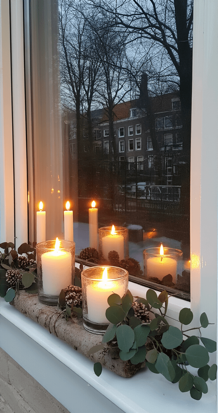 DIY Kerstdecoratie voor Binnen: Creativiteit en Gezelligheid in Eigen Huis Winterse vensterbank met DIY kaarsenhouders van glas gevuld met zeezout en kunstsneeuw. Lange witte kaarsen stralen warm licht uit tegen de winterse schemer, met eucalyptustakken ter decoratie. Het zachte bokeh-effect benadrukt de textuur en reflecties van het raam.