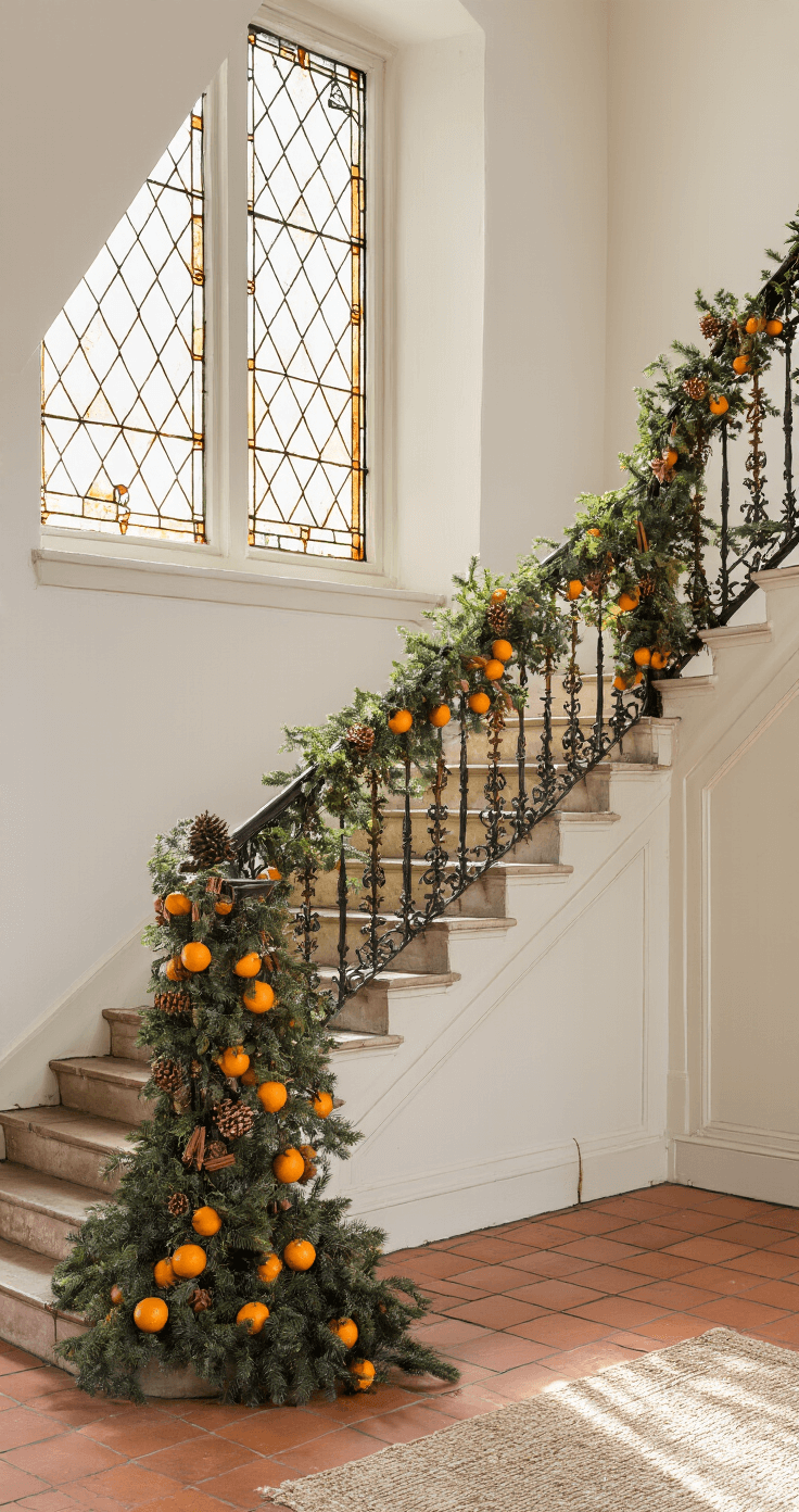DIY Kerstdecoratie voor Binnen: Creativiteit en Gezelligheid in Eigen Huis Authentieke hal met monumentale afmetingen, versierd met een handgemaakte kerstslinger van gedroogde sinaasappels, kaneelstokjes en dennenappels, onder warm ochtendlicht dat door een glas-in-lood raam valt. De terracotta tegelvloer en vintage loper completeren het sfeervolle geheel, met glinsterende messing details.