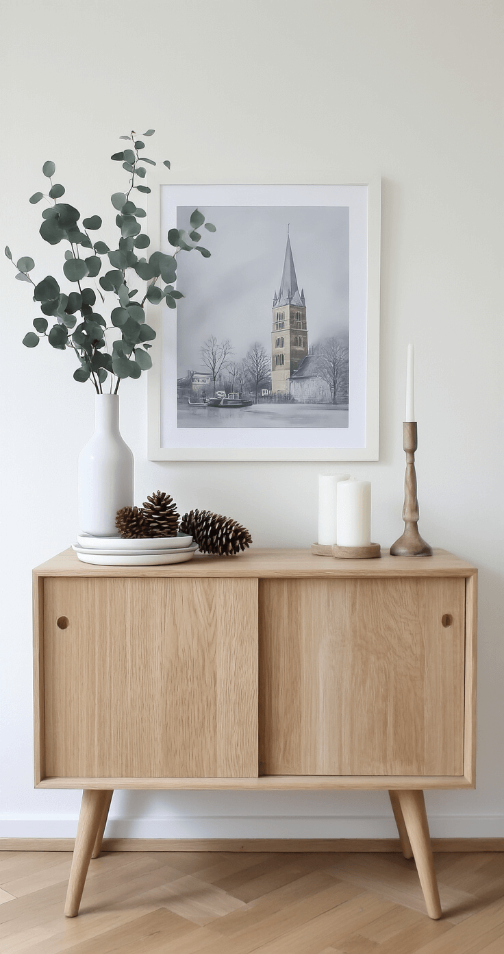 DIY Kerstdecoratie voor Binnen: Creativiteit en Gezelligheid in Eigen Huis Minimalistisch kerststuk op een modern-klassiek dressoir met eucalyptus, witte kaarsen en dennenappels tegen een roomwitte muur, verlicht met subtiel namiddaglicht.