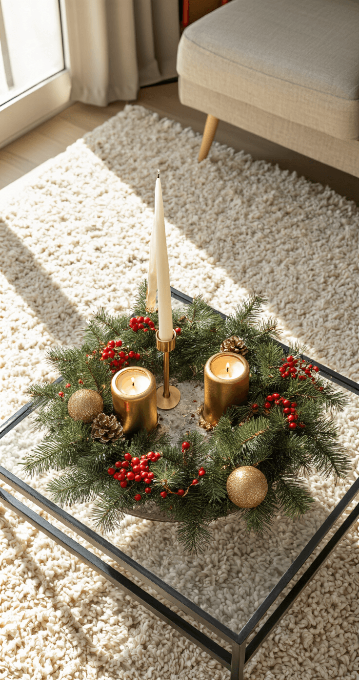DIY Kerstdecoratie voor Binnen: Creativiteit en Gezelligheid in Eigen Huis DIY adventskrans op een vierkante salontafel van zwart metaal en glas, met vier goudkleurige kaarsen en vers dennentakken, terwijl zonlicht warme schaduwen op een beige bouclé vloerkleed werpt.
