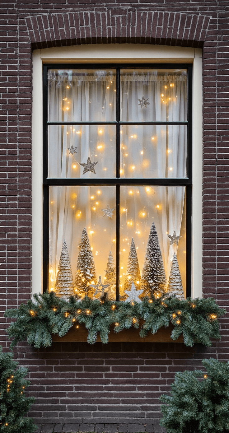 DIY Kerstdecoratie voor Binnen: Creativiteit en Gezelligheid in Eigen Huis Een decoratief kerstvenster met natuurlijke elementen: glazen stolpen gevuld met dennenappels, LED-lichtjes en kunstsneeuw, gefilterd avondlicht door witte linnen gordijnen, handgemaakte papieren sterren die hangen, en geurige dennentakken langs de vensterbank.