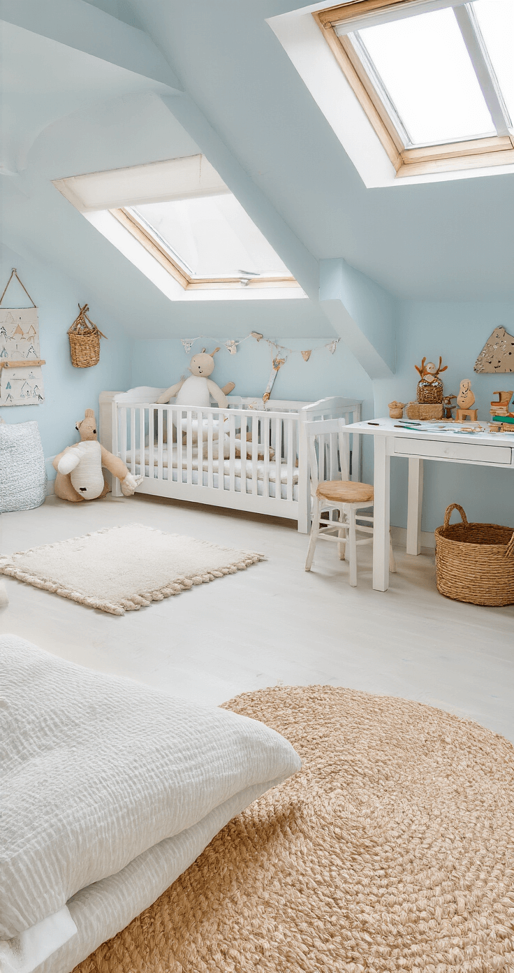 Kerstmis Knutselen met Peuters: Magische Momentjes van Creativiteit Knusse kinderslaapkamer op zolder met schuine wanden, zachtblauwe muren en witte lambrisering, verlicht door namiddagzon. Wit houten bed met linnen in natuurtinten, kleine werkhoek met vakantiebureau vol knutselprojecten, rieten mand vol knutselspullen, ecru vloerkleed, houten speelgoed in open kastjes en string wandrekjes met creaties.