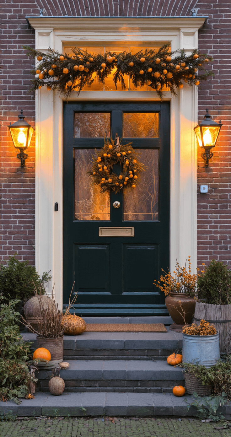 DIY Kerstdecoratie voor Buiten: Goedkope en Creatieve Buitensferen Maken Een rustieke voordeur bij schemering, omlijst door een dennentakkenkrans versierd met dennenappels en sinaasappelschijfjes. Vintage koperen lantaarns flankeren de deur op natuurstenen treden, met lange schaduwen van de avondzon.