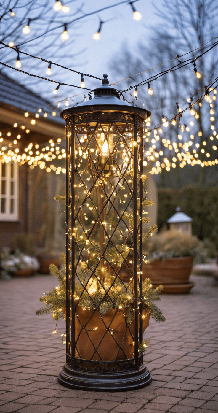 DIY Kerstdecoratie voor Buiten: Goedkope en Creatieve Buitensferen Maken Intieme terrashoek in avondschemering met diagonaal gespannen lichtsnoeren, een metalen lantaarn vol dennenappels en LED-kaarsen, omringd door vorstbestendig wintergroen in terracotta potten. Bokeh-effect van de lichtjes.