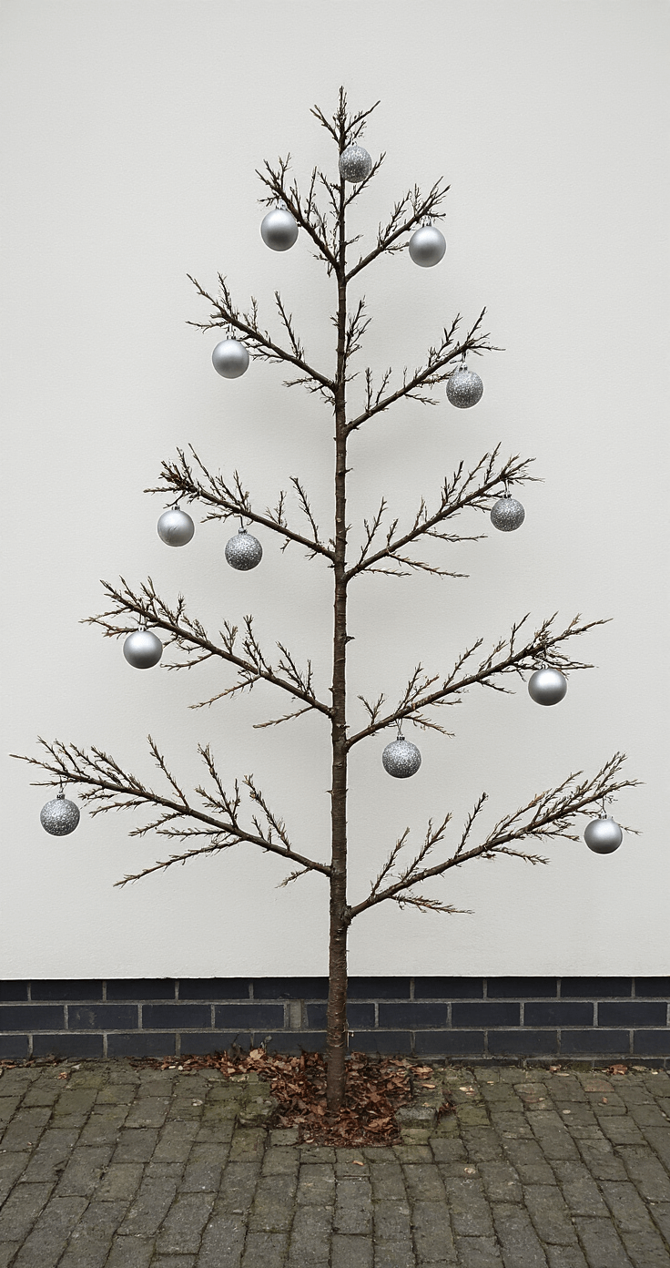 DIY Kerstdecoratie voor Buiten: Goedkope en Creatieve Buitensferen Maken Minimalistische kerstboom van berkentakken tegen een witte muur, versierd met zilveren kerstballen en micro-LEDs, verlicht door middaglicht.