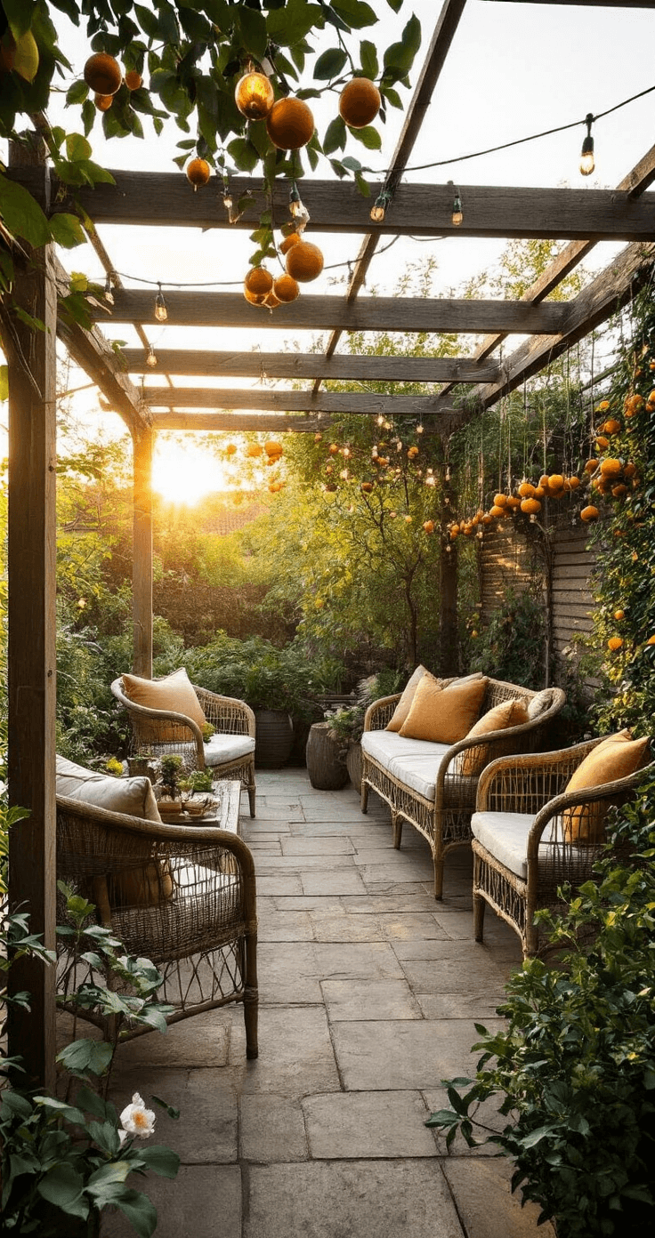 DIY Kerstdecoratie voor Buiten: Goedkope en Creatieve Buitensferen Maken Overdekt terras bij zonsondergang met houten pergola versierd met gedroogde citrusschijven en kaneelstokjes, warm verlicht door koperen lichtslingers; vintage tuinmeubels met wollen plaids.