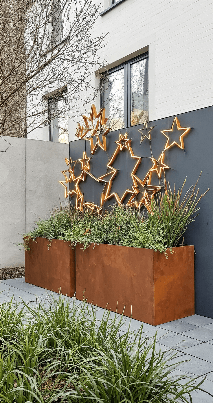 DIY Kerstdecoratie voor Buiten: Goedkope en Creatieve Buitensferen Maken Moderne minimalistische voortuin met cortenstalen plantenbakken gevuld met wintergroen, geometrische LED-sterren en handgemaakte kerstkransen op betonnen zuilen.