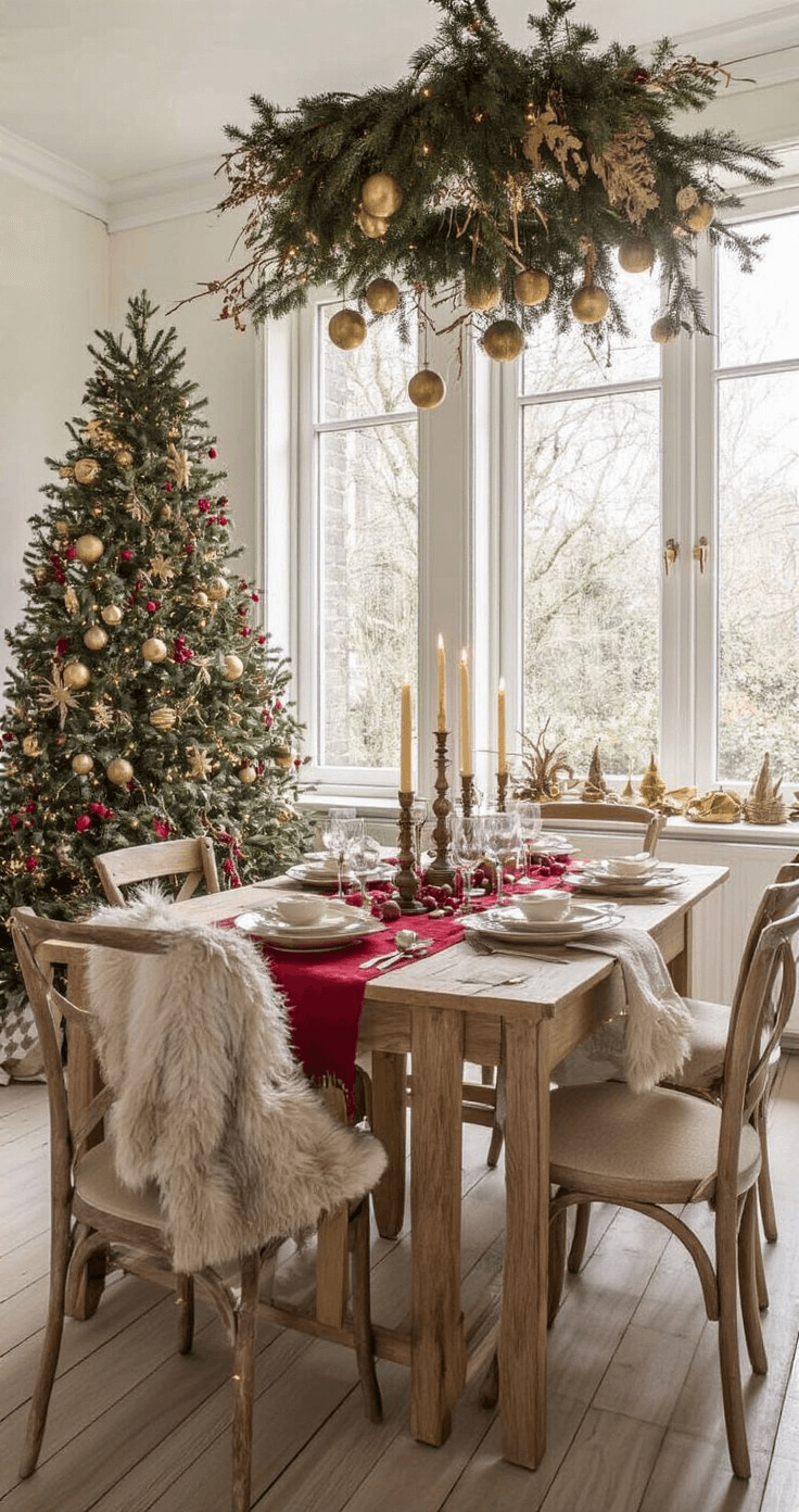 Sfeervolle Kersttafelstyling: Creëer Magische Momenten aan Tafel Intieme eetkamer met hoge plafonds, gouden avondlicht dat valt op een eiken eettafel met rood linnen, vintage kandelaars en een kerstslijner van dennentakken en bessen. Fluwelen stoelen en bokeh-effect van kaarslicht.