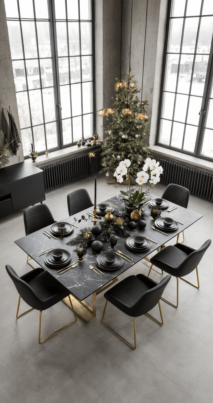 Sfeervolle Kersttafelstyling: Creëer Magische Momenten aan Tafel Moderne loft-stijl eetkamer met betonnen muur en ochtendlicht, zwarte marmeren tafel met gouden onderstel, minimalistische kerstdecoratie, eucalyptus-runner, zwarte leren stoelen met gouden poten, bovenaanzicht voor grafische compositie.