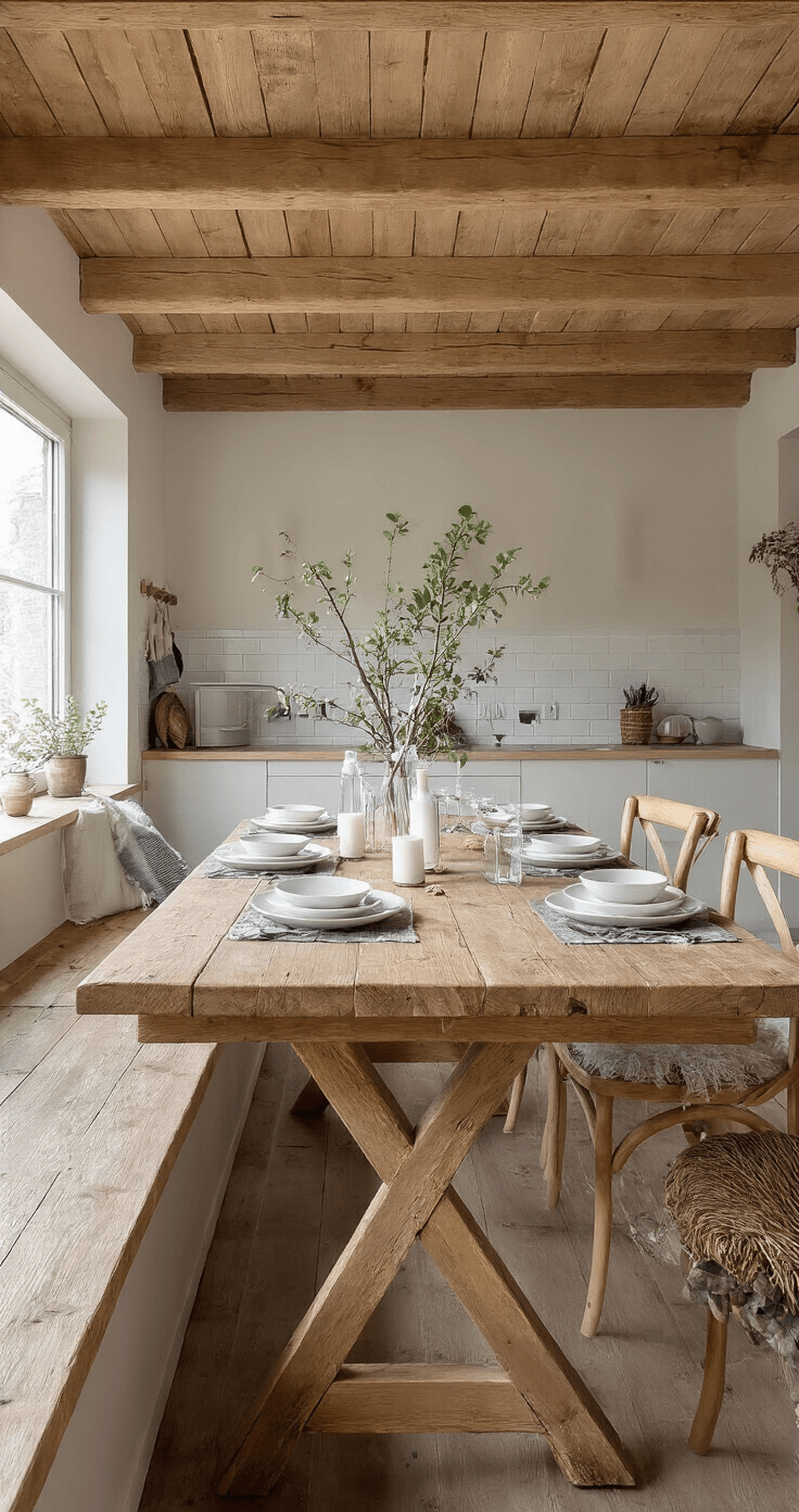 Sfeervolle Kersttafelstyling: Creëer Magische Momenten aan Tafel Landelijke woonkeuken met houten balken en middaglicht vanuit erkerraam. Verweerde houten tafel met Scandinavische styling, naturel linnen loper en witte dinerborden. Decoratie van wilde takken, dennenappels en witte kaarsen. Rieten stoelen met schapenvachtjes. Camerastandpunt op ooghoogte, focus op tafelschikking in zacht, diffuus licht.
