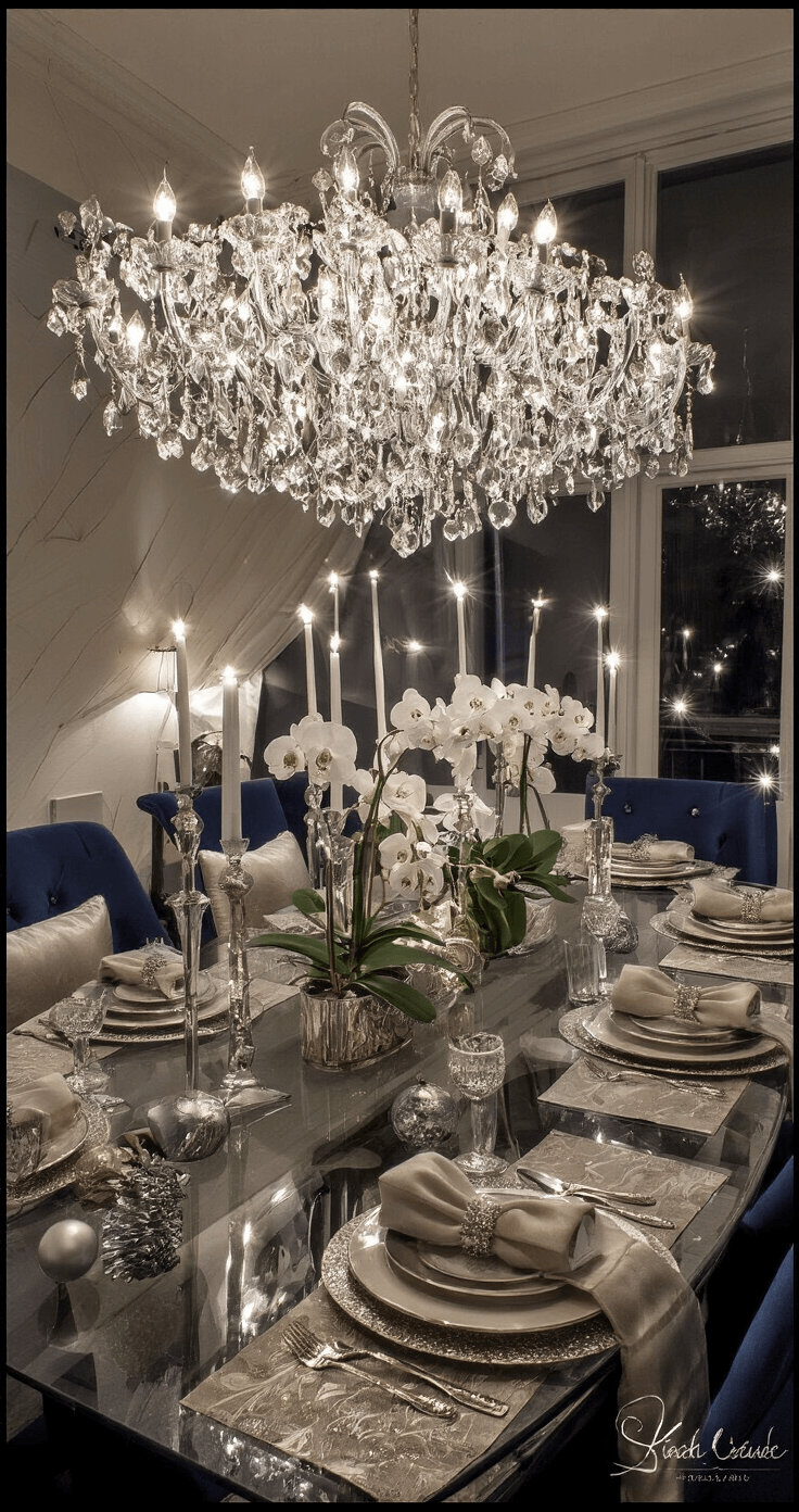 Sfeervolle Kersttafelstyling: Creëer Magische Momenten aan Tafel Luxe eetkamer met kroonluchter en schemerige verlichting; ovale glazen tafel met kerstdecoratie, parelmoer placemats en champagnekleurig servies; fluwelen blauwe stoelen en hoge vazen met witte orchideeën en zilveren ornamenten.