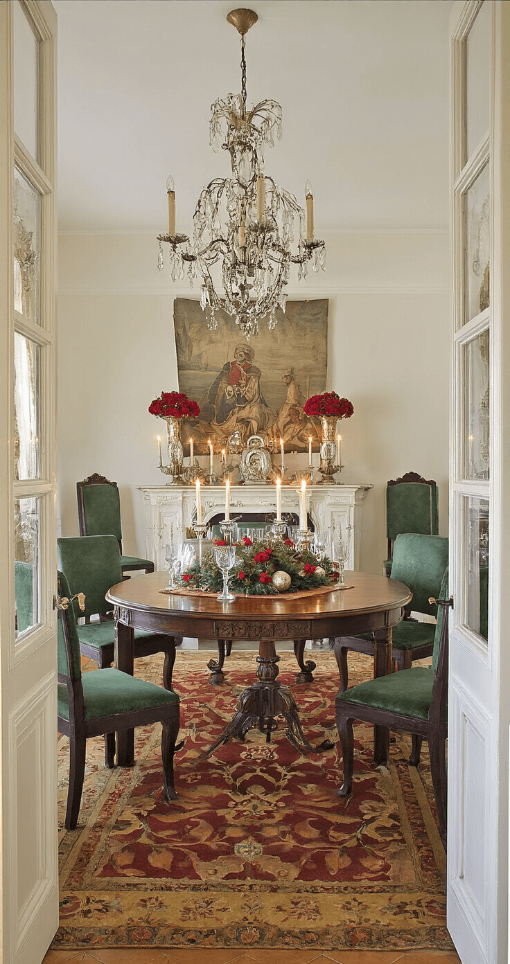 Sfeervolle Kersttafelstyling: Creëer Magische Momenten aan Tafel Een monumentale eetkamer bij avond, verlicht door kaarslicht, met een antieke mahonie tafel en traditionele kerstdecoraties.