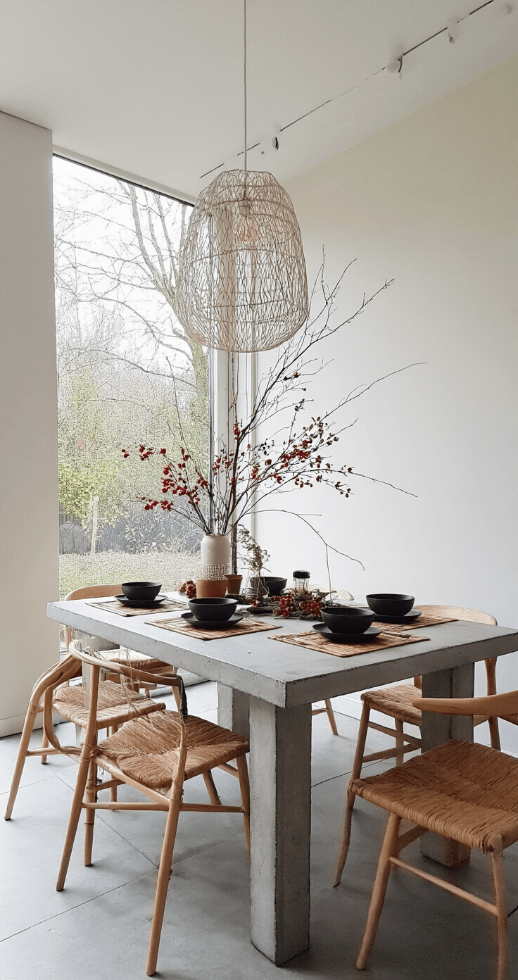 Sfeervolle Kersttafelstyling: Creëer Magische Momenten aan Tafel Minimalistische eetkamer met panoramaramen, ochtendlicht, betonnen tafel met Japandi-stijl kerstdecoratie, zwarte keramische borden op bamboe placemats, Ikebana-arrangement met winterse takken en rode bessen, houten stoelen met strakke lijnen, gefotografeerd zijwaarts met focus op texturen.