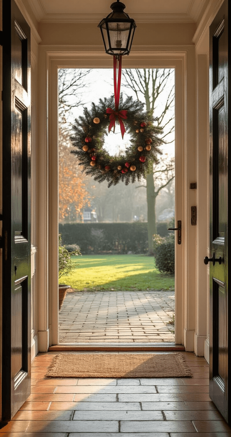 DIY Kerstkrans Maken: De Ultieme Gids voor een Sfeervolle Decoratie Een ruime Nederlandse hal met een hoog plafond, in warm ochtendlicht, toont een handgemaakte kerstkrans aan een matzwarte voordeur. De hal heeft eikenhouten vloerdelen en een vintage loper, met zachte natuurlijke belichting door glas-in-lood bovenlicht.