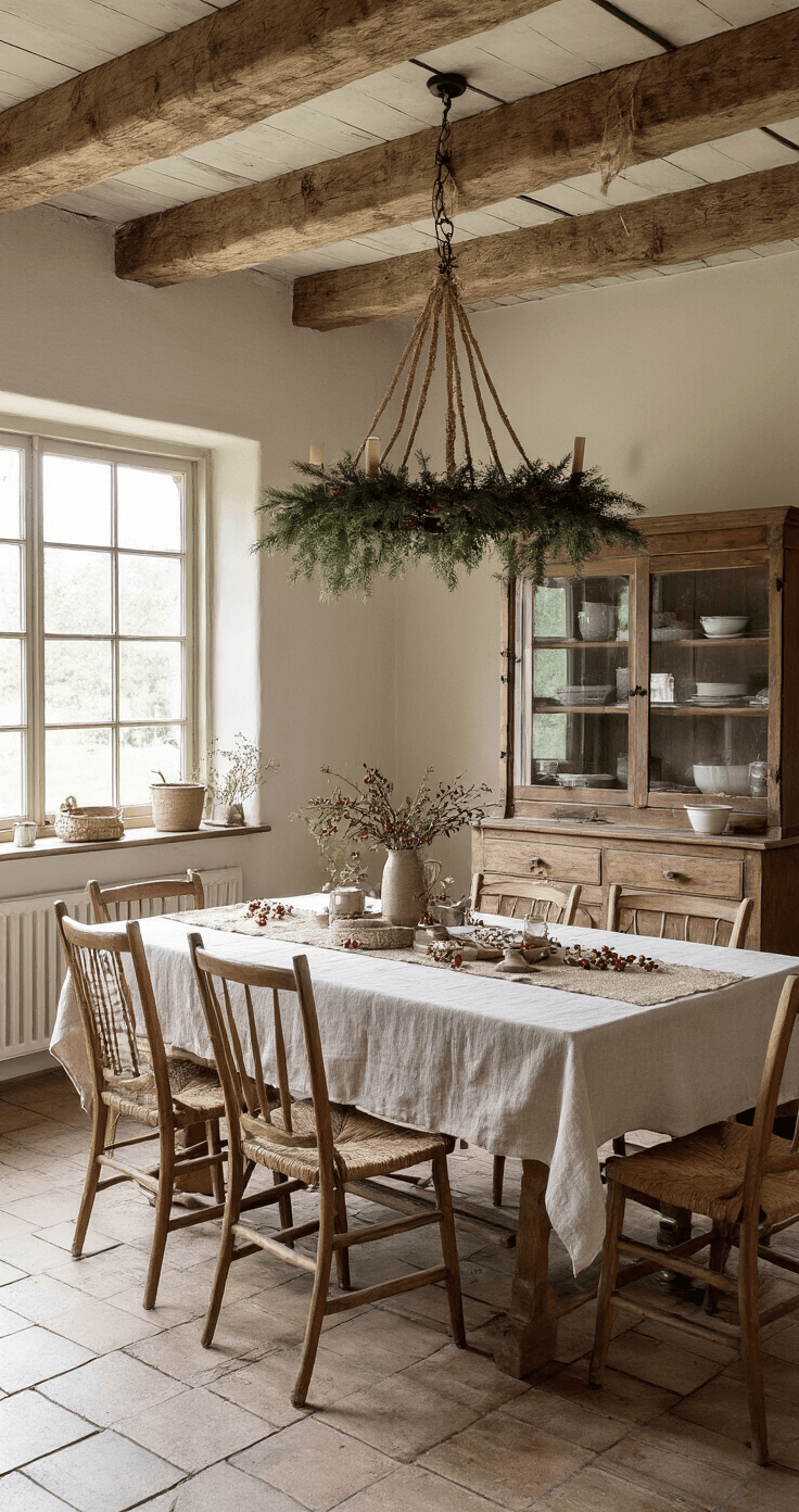 DIY Kerstkrans Maken: De Ultieme Gids voor een Sfeervolle Decoratie Authentieke landelijke eetkamer met middaglicht, featuring een robuuste kerstkrans aan oude balken, een brocante buffetkast en een gedekte tafel met linnen.