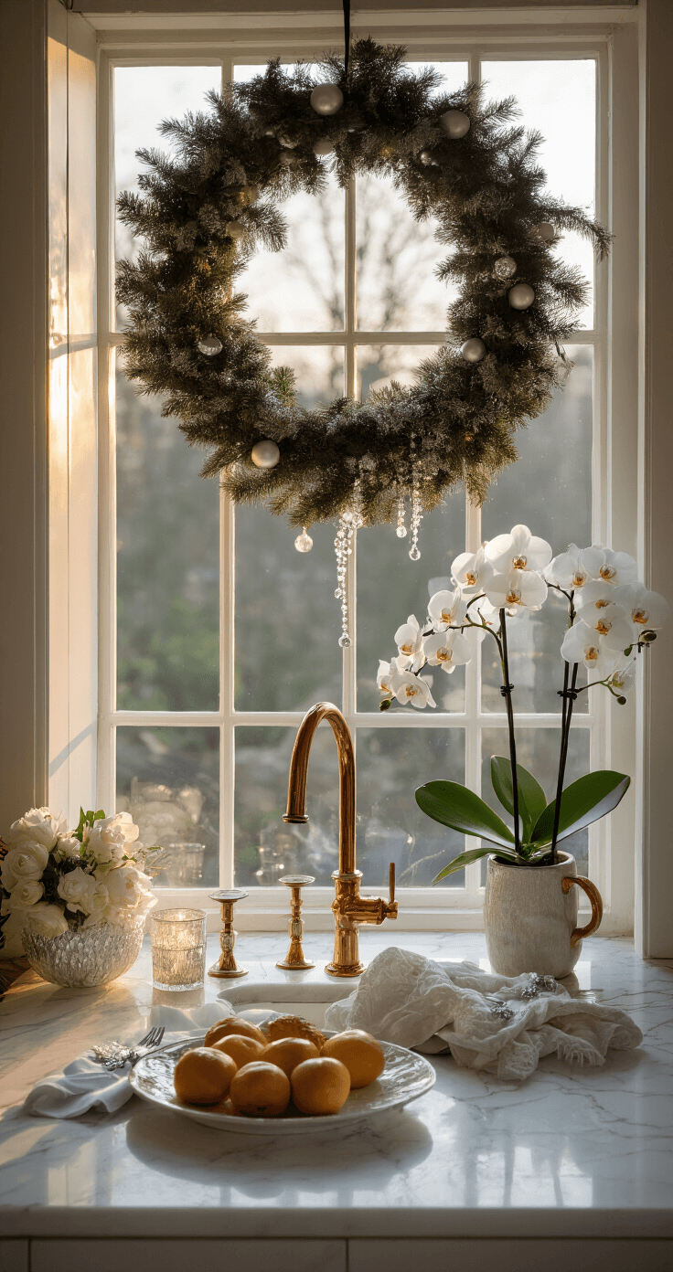 DIY Kerstkrans Maken: De Ultieme Gids voor een Sfeervolle Decoratie Luxe woonkeuken bij zonsondergang met elegante kerstkrans van witte orchideeën en zilverkleurige details. Marmeren werkblad, koperen accenten en een kristallen kroonluchter creëren een glamoureuze sfeer in dramatisch tegenlicht.