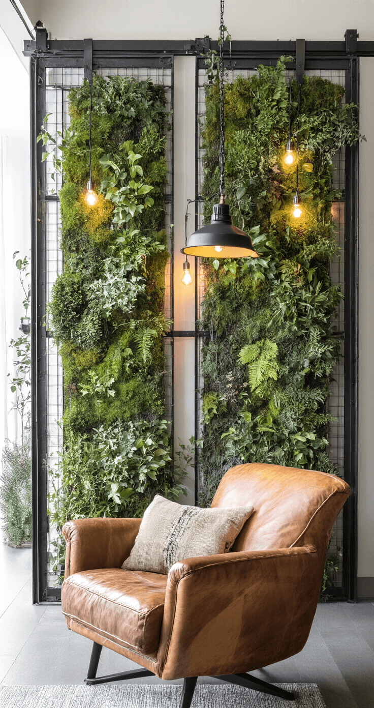 DIY Kerstkrans Maken: De Ultieme Gids voor een Sfeervolle Decoratie Intieme close-up van een compacte stadse woonkamer met botanische kerstkrans aan een industriële schuifdeur, omringd door urban jungle styling en een vintage leren fauteuil, verlicht door ochtendlicht.