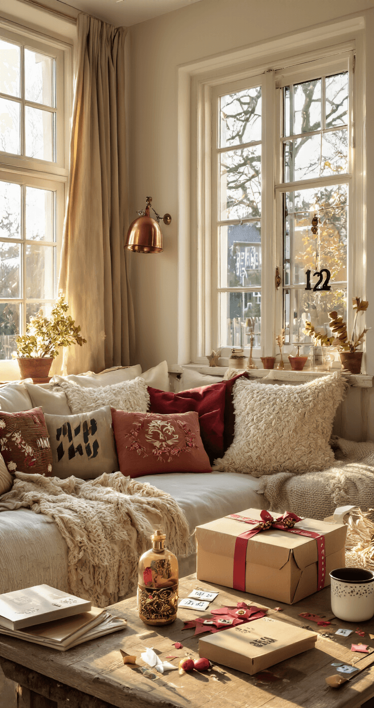 DIY Adventskalender: Creëer Jouw Persoonlijke Kerst Aftelling Lichte Nederlandse woonkamer met ochtendzon, rustieke houten salontafel vol DIY adventskalender materialen, waaronder crèmekleurig karton, scharen, gekleurd papier en gouden stickers; gezellige zithoek met linnen kussens op de achtergrond, zachte schaduwen en warme bokeh-effect.