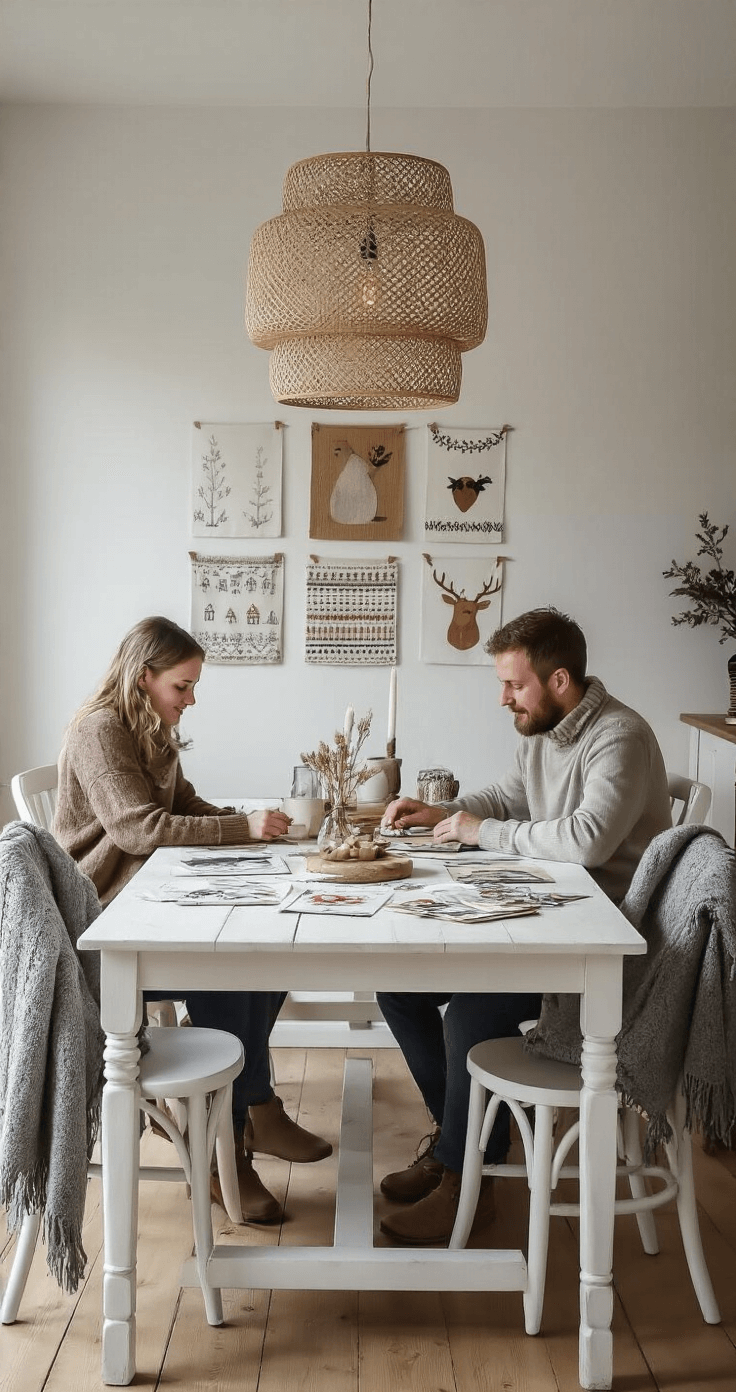 DIY Adventskalender: Creëer Jouw Persoonlijke Kerst Aftelling Scandinavisch geïnspireerde eetkamer tijdens het gouden uur, met een gezin dat adventskalenderontwerpen kiest aan een witte eiken tafel; inspiratie-afbeeldingen en grijze wollen plaids op de stoelen.