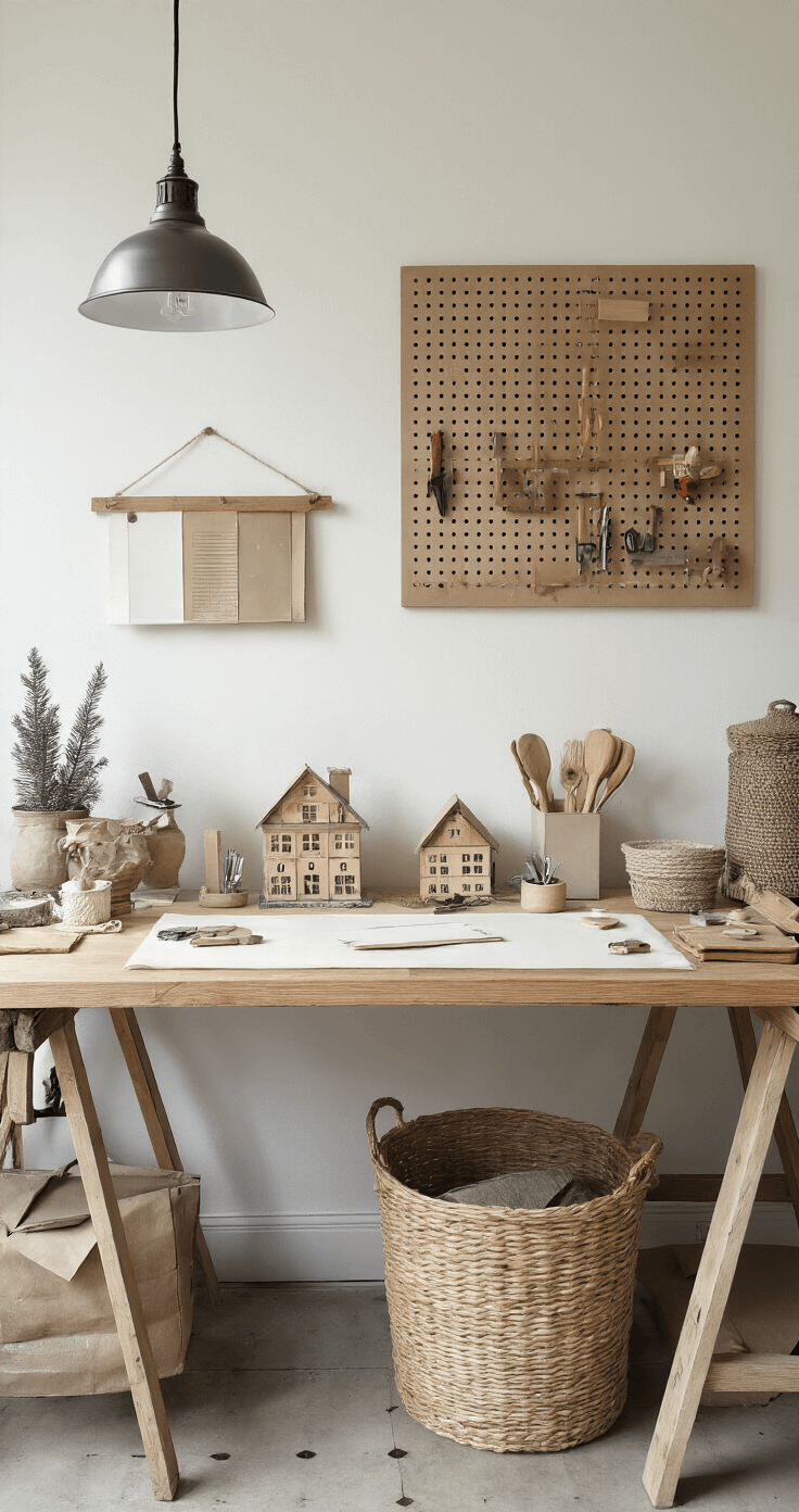 DIY Adventskalender: Creëer Jouw Persoonlijke Kerst Aftelling Een gezellige hobbykamer in de namiddag met een grote werktafel vol adventskalender bases, waaronder een wit kartonnen paneel, een gerecyclede houten plank, en een rieten mand met houten wasknijpers. Helder licht van een industriële hanglamp, pegboards met gereedschap aan de wanden, en een kleurenpalet van warme grijs- en beigetinten met roestbruine accenten.