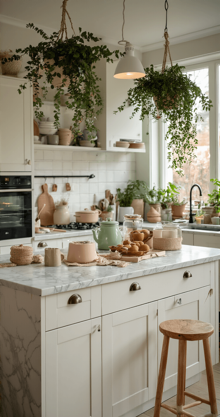 DIY Adventskalender: Creëer Jouw Persoonlijke Kerst Aftelling Moderne Nederlandse keuken met kookeiland, waar adventskalendervakjes worden gemaakt. Georganiseerde pastelgekleurde enveloppen, handgemaakte papieren zakjes met jute koordjes, en elegante glazen opbergdoosjes op een marmeren werkblad. Planten hangen boven het eiland, met witte kasten en warme houten accenten. Zacht LED-licht en natuurlijk daglicht door een groot raam.