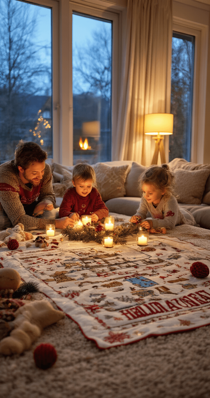 DIY Adventskalender: Creëer Jouw Persoonlijke Kerst Aftelling Een warme woonkamer met een gezin dat een adventskalender decoreert op een salontafel. De kalender heeft een rood-gouden kleurenpalet met persoonlijke foto's en handgemaakte details. Zachtgele lampverlichting en een brandende open haard creëren een gezellige kerstsfeer.