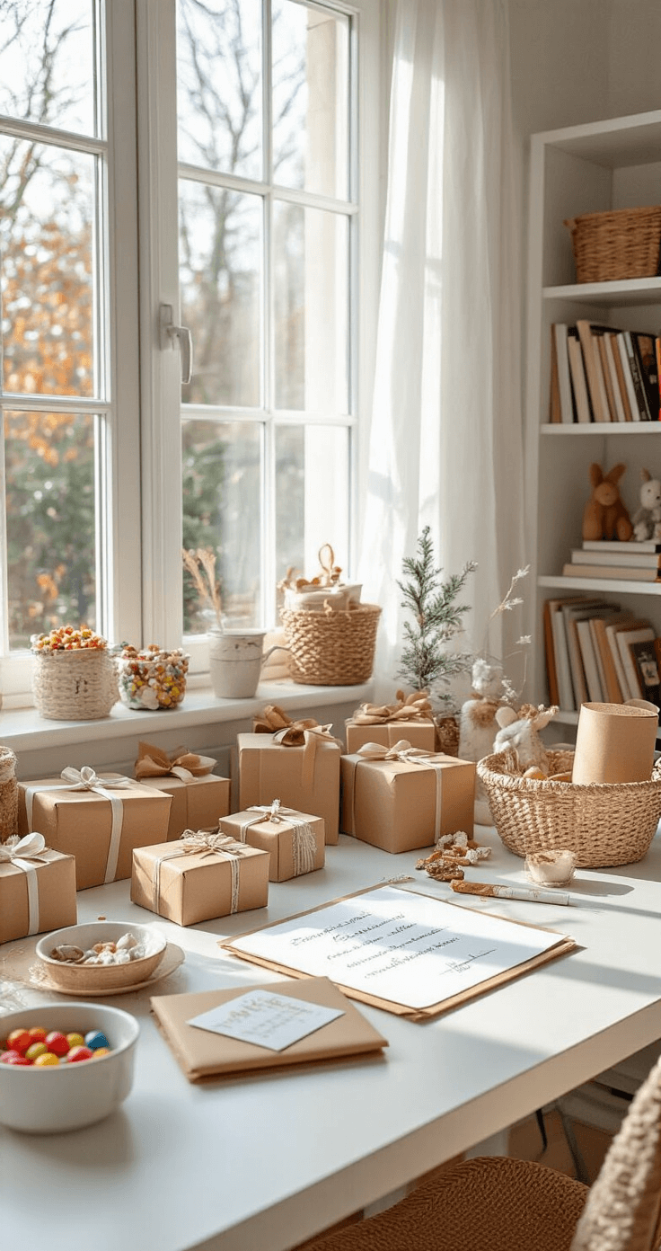 DIY Adventskalender: Creëer Jouw Persoonlijke Kerst Aftelling Lichte studeerkamer in de ochtend met een wit bureau vol met adventskalender vullingen, waaronder bruin verpakte cadeautjes, handgeschreven kalligrafie kaartjes, kleurrijke snoepjes in glazen schaaltjes, miniatuur knutselmaterialen en een rol papier met gezinsactiviteiten, verlicht door natuurlijk noordelijk licht dat zachte schaduwen creëert.