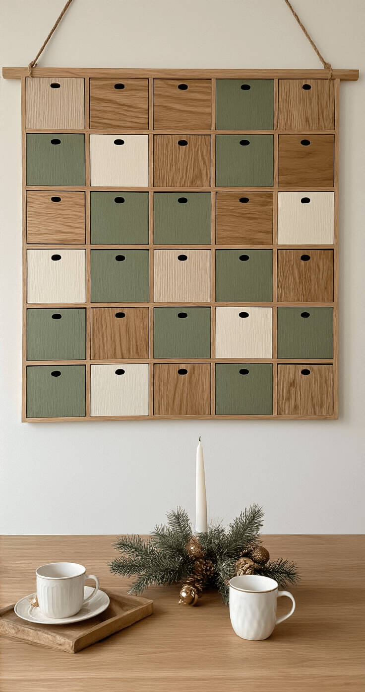 DIY Adventskalender: Creëer Jouw Persoonlijke Kerst Aftelling Een moderne eethoek in het gouden uur met een DIY adventskalender van 24 vakjes in bosgroen, goud en crème boven een eikenhouten tafel, verlicht door warme LED-spots. Koffiekopjes en kerstkoekjes op tafel, minimalistische stoelen en een kleine kerstboom in de hoek, uitstralend een gezellige familie-sfeer.