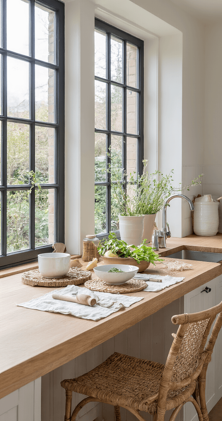 Kerstcadeaus van Natuurlijke Materialen: Duurzaam en Stijlvol Schenken Warme Nederlandse keuken met ochtendlicht, massief eikenhouten aanrechtblad, bamboe snijplanken, elegante bamboe bestekset op linnen placemats, keramische kommen met verse kruiden, handgeweven rieten manden, witte metrotegels, houten lepels en spatels in een vintage aardewerken pot, driekwart bovenaanzicht met zachte schaduwpartijen in warme beige en honingkleurige tinten met sagegroen accent.
