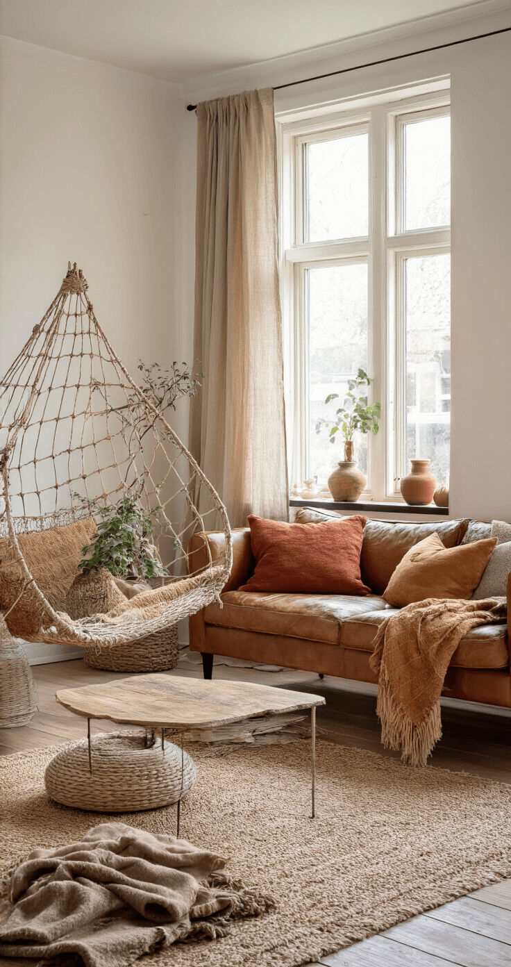 Kerstcadeaus van Natuurlijke Materialen: Duurzaam en Stijlvol Schenken Gezellige woonkamer in warm middaglicht met een handgeweven biologisch katoenen kleed, vintage leren bank met kussens in aardse tinten, grenen planken vloeren, juten hangmat, linnen gordijnen, en rotan fauteuil met wollen plaids.