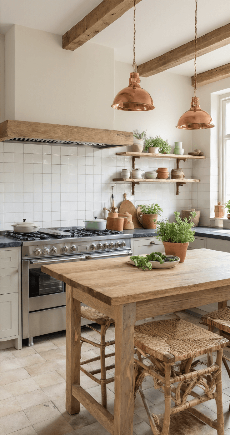 Kerstcadeaus van Natuurlijke Materialen: Duurzaam en Stijlvol Schenken Moderne keuken met donkere granieten werkbladen en blankhouten snijplanken, gevuld met bamboe keukengerei in keramische potten, emaille pannen in pastelkleuren hangen boven een houten kookeiland, met verse kruiden in terracotta potjes en koperen accenten, vastgelegd in warm licht vanuit een schuin bovenaanzicht.